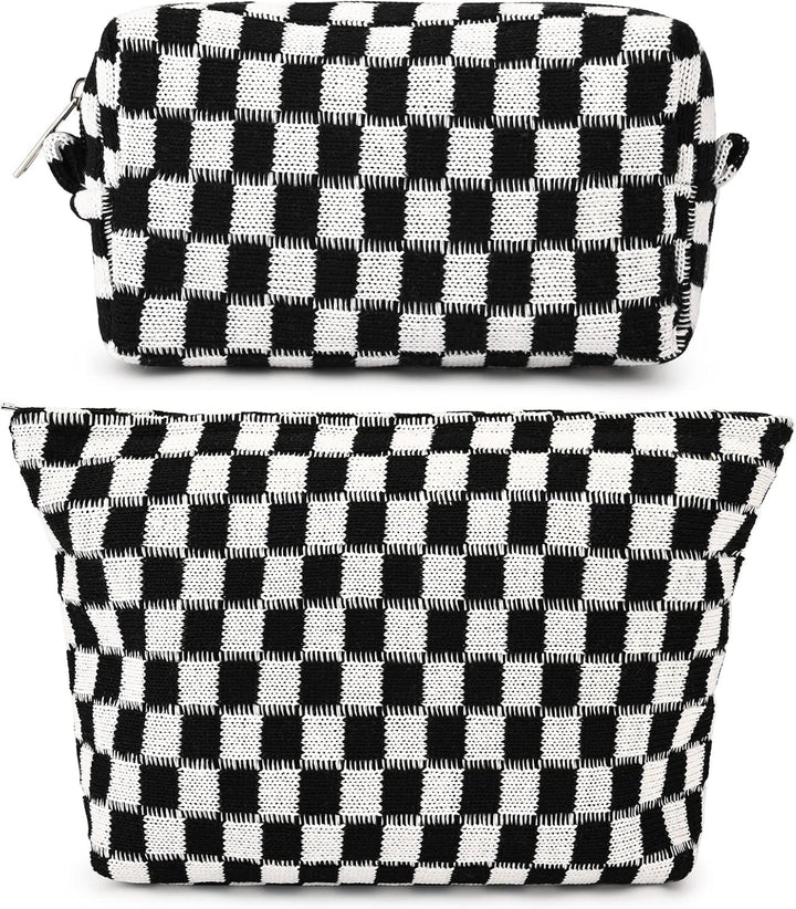 2 Pieces Makeup Bag Large Checkered Cosmetic Bag Capacity Canvas Mix Travel Toiletry Bag Organizer Cute Makeup Brushes Aesthetic Accessories Storage Bag for Women, Checkered Mix Rose Red