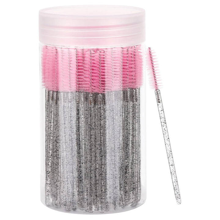 100 Pcs Disposable Mascara Wands, Crystal Eyebrow Spoolies Brush for Eyelash Extensions, Pink Lash Brushes with Container