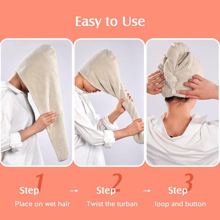 2 Pack Microfiber Hair Towel Wrap for Women, Super Absorbent Quick Dry Hair Turban for All Hair Style anti Frizz, Large Hair Drying Towel with Button