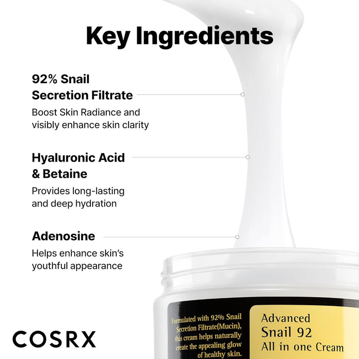 Snail Mucin 92% Face Moisturizer, 3.52 Oz, Lightweight Moisturing Cream for Soft, Glowy Skin, Korean Skin Care, Korean Moisturizer Face Cream