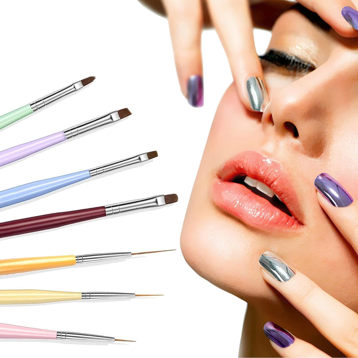 7PCS Nail Art Brushes, Nail Design Painting Brush Set with Nail Polish Brush, Nail Liner Brush, Nail Extension Gel Brush, Builder Nail Gel Brush, and Multi-Size Dotting Pens for DIY Nail Art