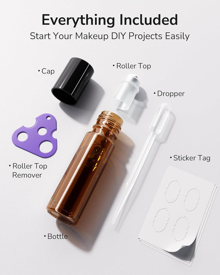 48-Pack Essential Oil Roller Bottles 10Ml, Empty Bottles with Stainless Steel Roller Balls and Waterproof Labels, Amber Roller Balls for Essential Oils