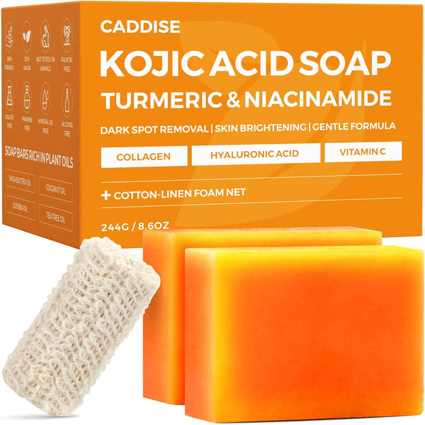 Kojic Acid Turmeric Soap Bars – Dark Spot Remover & Skin Care, Handmade Face & Body Wash Bars with Niacinamide, Shea Butter, Tea Oil, Vitamin C (2 Pack, 8.5 Oz)