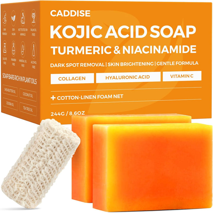Kojic Acid Turmeric Soap Bars – Dark Spot Remover & Skin Care, Handmade Face & Body Wash Bars with Niacinamide, Shea Butter, Tea Oil, Vitamin C (2 Pack, 8.5 Oz)