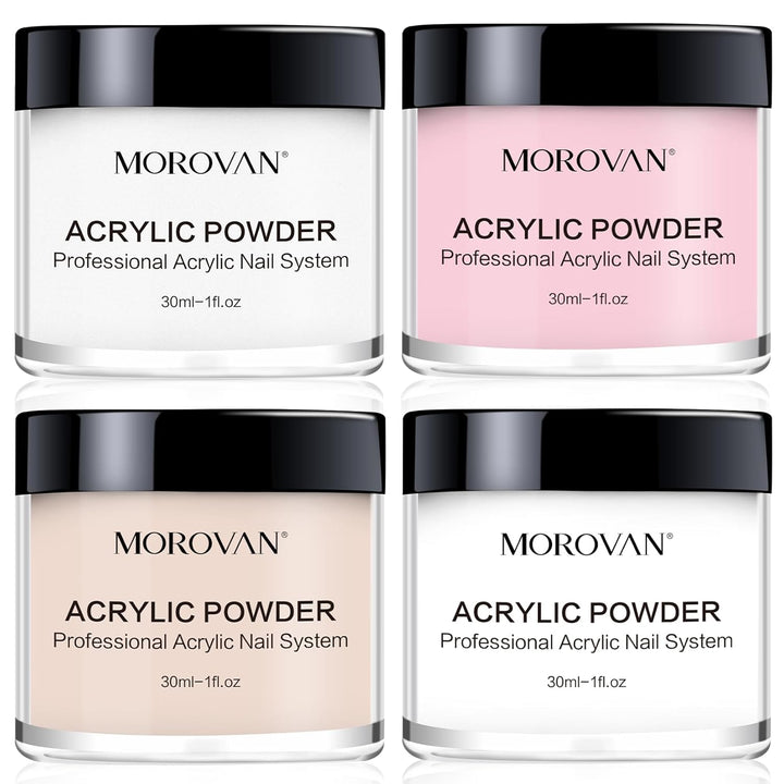 Acrylic Nail Powder Set: 4 Colors Clear Nude Pink White Acrylic Powder for Nail Extension Carving