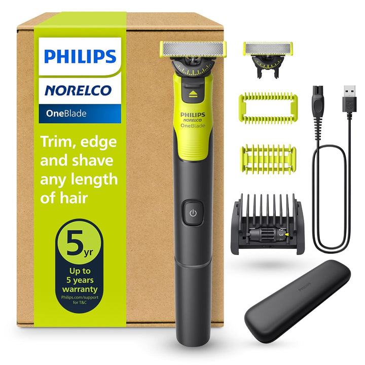 Oneblade 360 Hybrid Blade for Face + Body, Electric Beard Trimmer, Shaver and Groomer, with 360 Blade Technology, 5In1 Adjustable Comb, 1X Body Kit, Model QP2834/70, Black/Lime Green