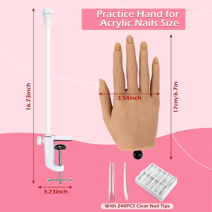 Practice Hand for Acrylic Nails, Silicone Nail Hand Practice, Flexible Fingers Fake Training Hand False Mannequin Hands for Nail Practice, Hand Model Kit for Nail Supplies Manicure Beginners