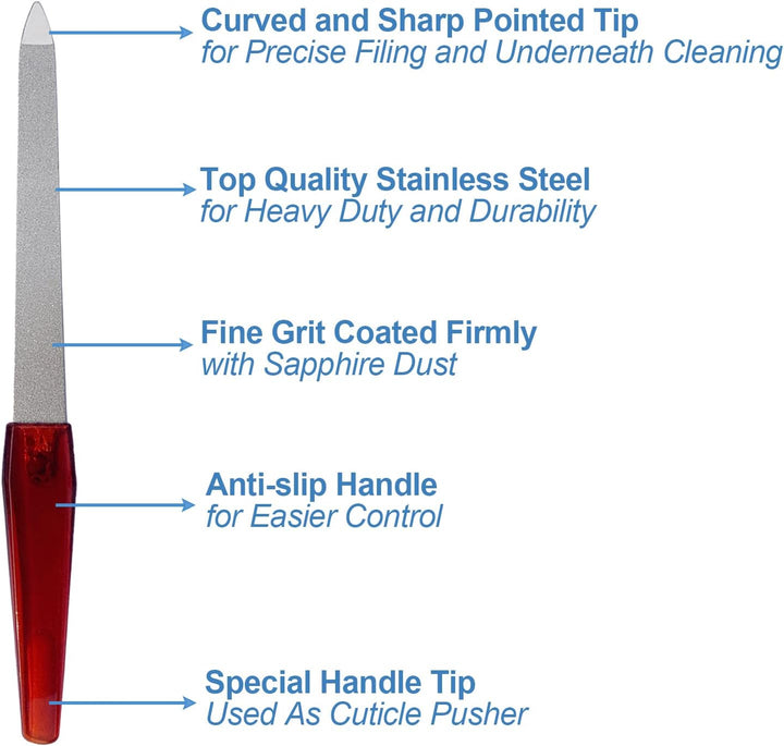 Metal Nail File (6 Pcs), Nail Files for Natural Nails Made of Stainless Steel, Sword Fingernail Files with Sharp Pointed Tip Non Slip Handle, Diamond Finger Nail Filers for Women Sapphire Grit