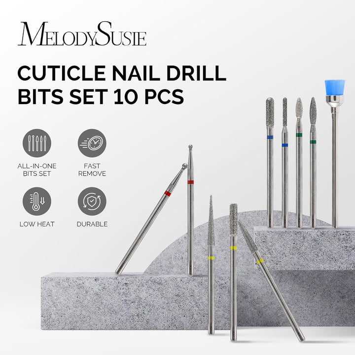 10Pcs Nail Drill Bits Set, 3/32 Inch Diamond Cuticle Nail Bits Kit for Nail Drill E-File, Manicure Pedicure Remover Tools for Acrylic Gel Nails, Salon Home Nail Care Supplies, Silver