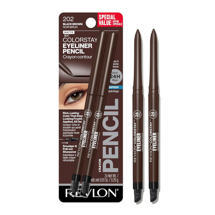 Colorstay Pencil Waterproof Eyeliner, Smudge-Proof, Eye Makeup with Built-In Sharpener, 202 Black Brown, 0.01 Oz