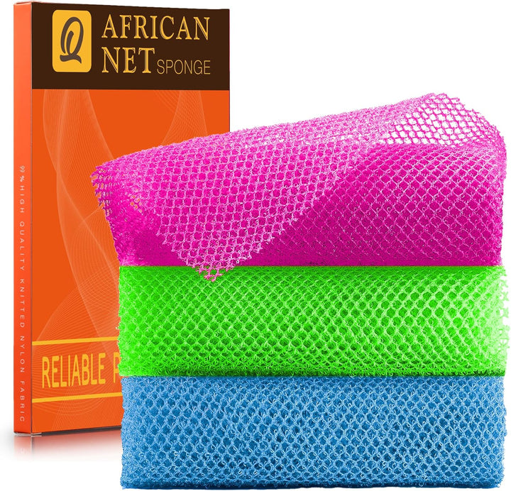 3 Pieces African Bath Sponge African Net Long Net Bath Sponge Exfoliating Shower Body Scrubber Back Scrubber Skin Smoother,Great for Daily Use (Pink,Yellow,Purple)