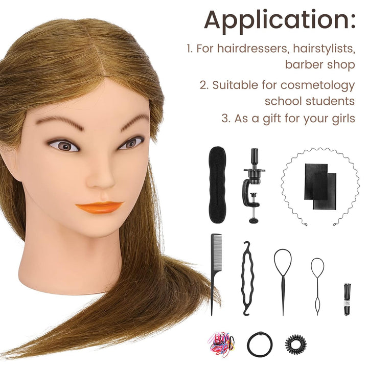 Mannequin Head with 100% Real Hair for Cosmetology,  18" Light Brown Hairdresser Training Head with Clamp Holder and Tool, Doll Head Mannequin Head for Hair Styling Practice