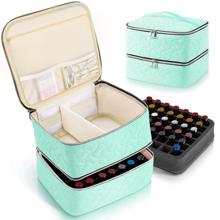 Nail Polish Organizer Case Holds 42 Bottles, Portable Double-Layer Nail Polish Storage Bag with Adjustable Dividers for Manicure Tools, Black