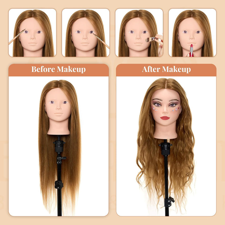 Mannequin Head with 80% Real Human Hair, 28“ Make up Cosmetology Manikin Practice Head with Hair,Braiding Hairdressing Doll Head with Table Clamp + DIY Hair Styling Set Suitable for Hair Extensions