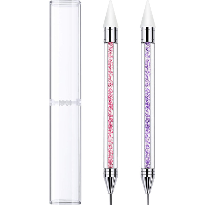 2 Pieces Rhinestone Picker Dotting Pen, Dual-Ended Rhinestone Gems Crystals Studs Picker Wax Pencil Pen Crystal Beads Handle Manicure Nail Art DIY Decoration Tool (Light Blue Pink)