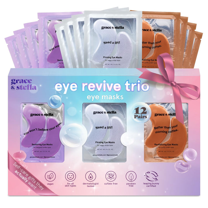 under Eye Mask Variety Pack - 18 Pairs of under Eye Patches for Dark Circles - with 6 Colors (3 Pairs/Color) - Gel Masks Puffy Eyes for Women - Vegan Cruelty Free Bridesmaid Gifts