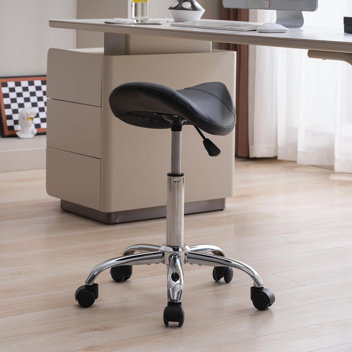 Swivel Saddle Stool with Wheels, Adjustable Rolling Stool 18"-26", Faux Leather Rolling Stool for Salon, Massage, Clinic, Lab, Office (Black, 1PCS (18"-26"))