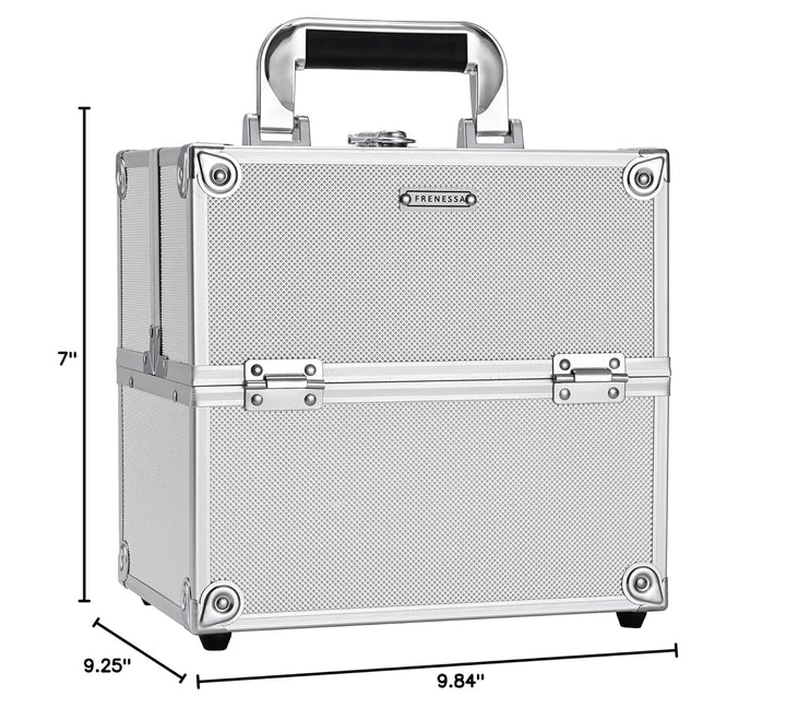 Makeup Train Case Makeup Organizer Box Portable Cosmetic Travel Case with Lock 4 Trays Aluminum Hard Vanity Box Make up Artist Nail Beauty Storage Organizer Cosmetic Suitcase Bright Silver