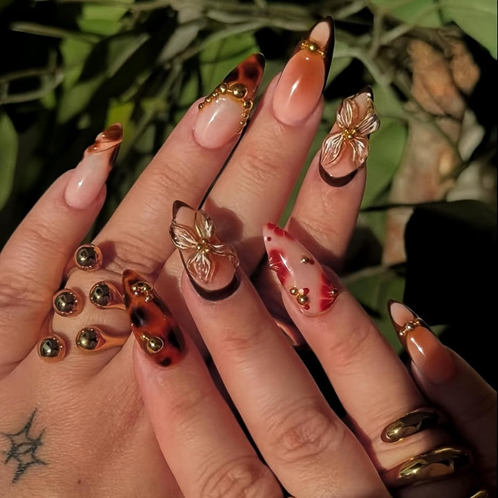 Medium Almond 3D Brown Gold Flower Press on Nails-‎ Tortoiseshell Leopard French Tip Blossom Gradient Design,24Pcs Handmade Fall/Autumn/New Year Glue on Acrylic Fake Nail Press Ons for Women