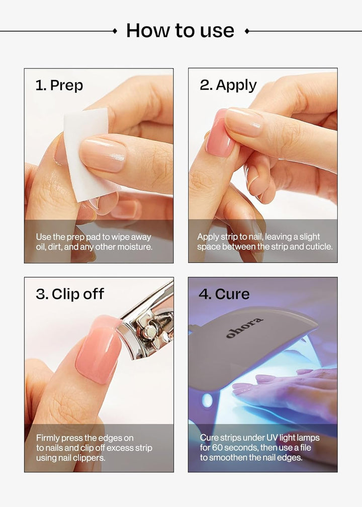 Semi Cured Gel Nail Strips (N Addict) - Works with Any Lamps, Salon-Quality, Long Lasting, Easy to Apply & Remove - Includes 2 Prep Pads, Nail File & Wooden Stick