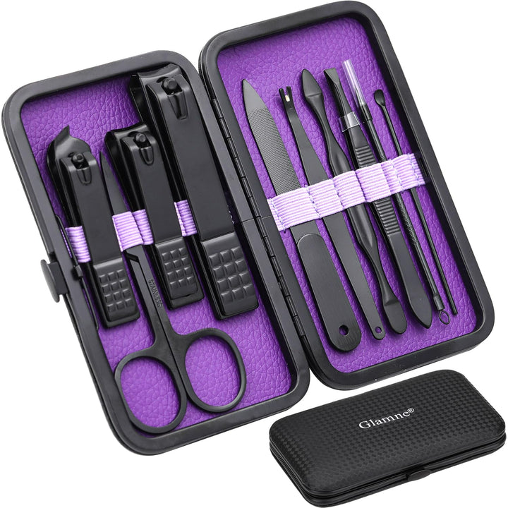 Manicure Set Nail Clippers Kit Professional Stainless Steel Nail Care Tools with Leather Travel Case 10 in 1 Black