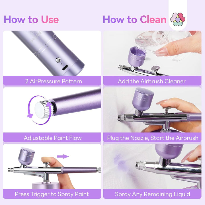 Advanced Airbrush for Nails: Limitless Nail Art Creativity Airbrush Kit Pro Dual-Mode Rechargeable 0.3Mm Nozzle Makeup Set Nail Airbrush Machine for Ombre French Airbrush Paint Salon（Purple）