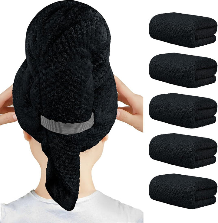 5 Pack Microfiber Hair Towels - 40 X 20 Inches Super Soft, Fast Drying Turbans for Long, Thick, Curly Hair - anti Frizz Wrap with Elastic Strap