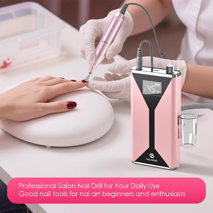 Professional Electric Nail Drill 45000RPM (Portable & Rechargeable) (With 11 Drill Bits ) Cordless Nail File Machine for Shaping, Polishing & Removing Gel Nails for Salon Home (Pink)