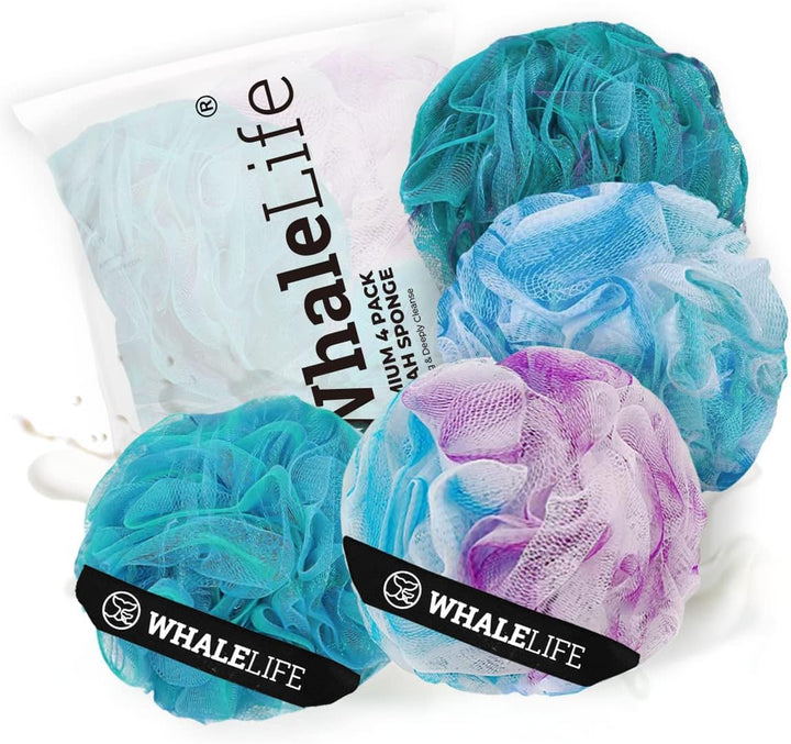 Shower Puff 4 Pack Black Bath Sponge Shower Loofahs Pouf Ball Nature Bamboo Charcoal Mesh Bulk Puffs Large, Shower Essential Skin Care by