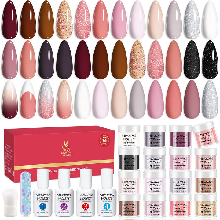 22 Pcs Dip Powder Nail Kit Starter - 16 Colors Nude Pinkish Brown Skin Tone with Base Top Coat, Activator, Brush Saver, Nail Buffer and Powder Brush M960B