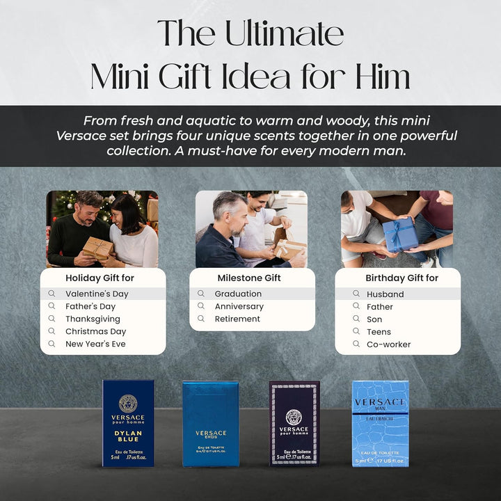 Cologne for Men Set of 4 Mini Eros, Pour Homme, Dylan Blue, Eau Fraiche Perfume for Men Fragrance Sampler Set - Designer Mens Cologne Samples (4 Count, 0.17 Oz)