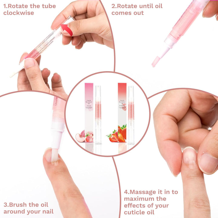 2PCS Cuticle Oil Pens for Nail Care,Cuticle Revitalizer Oil Pen with Soft Brush,Cuticle Oil to Prevent Nail Cracking and Dry (Peach & Strawberry Flavor)