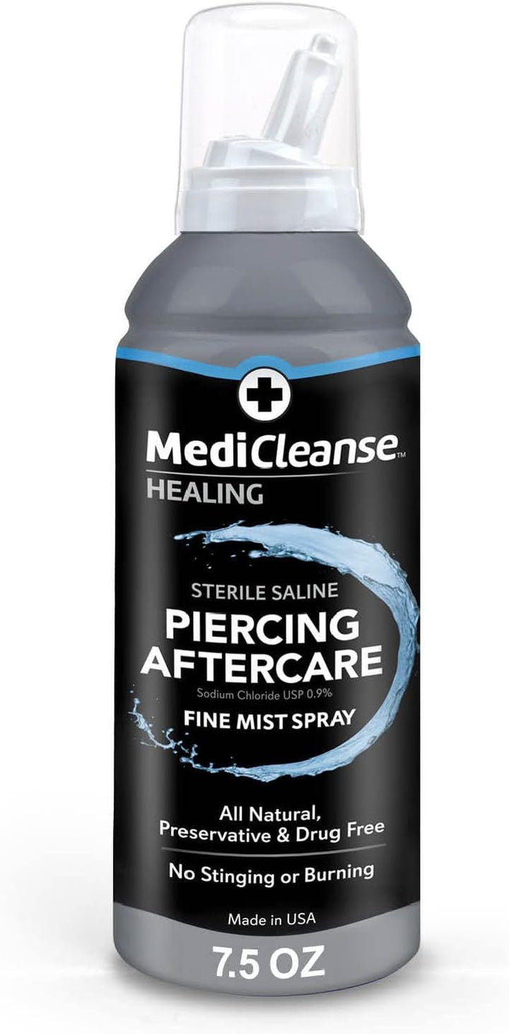 Sterile Saline Piercing Aftercare Fine Mist Spray, 7.5 Ounce, All Natural, No Alcohol, Vegan Friendly, for Piercings and Tattoos, Made in USA, Pack of 2