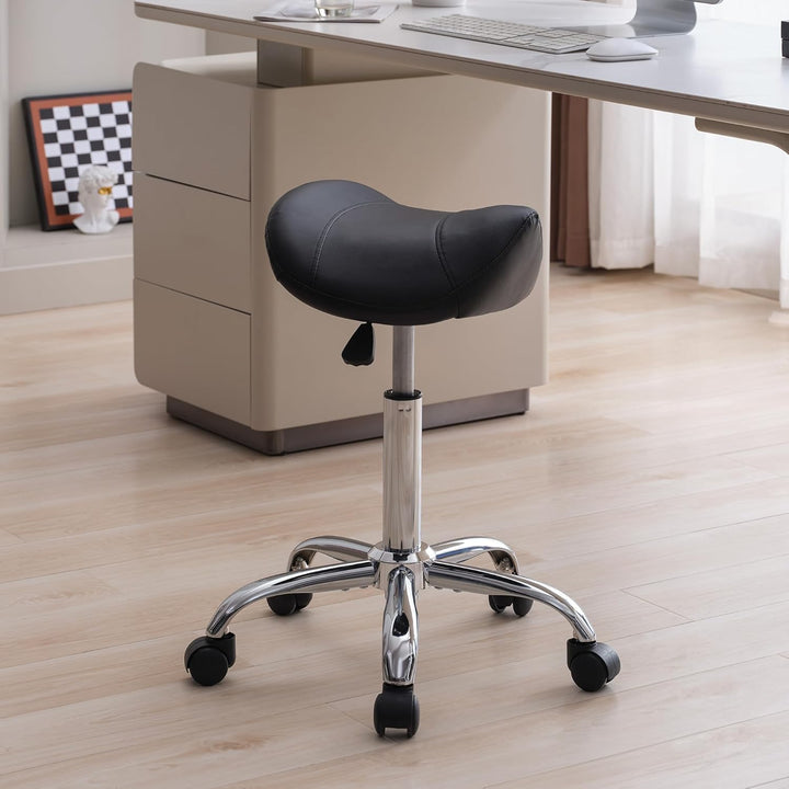 Swivel Saddle Stool with Wheels, Adjustable Rolling Stool 18"-26", Faux Leather Rolling Stool for Salon, Massage, Clinic, Lab, Office (Black, 1PCS (18"-26"))