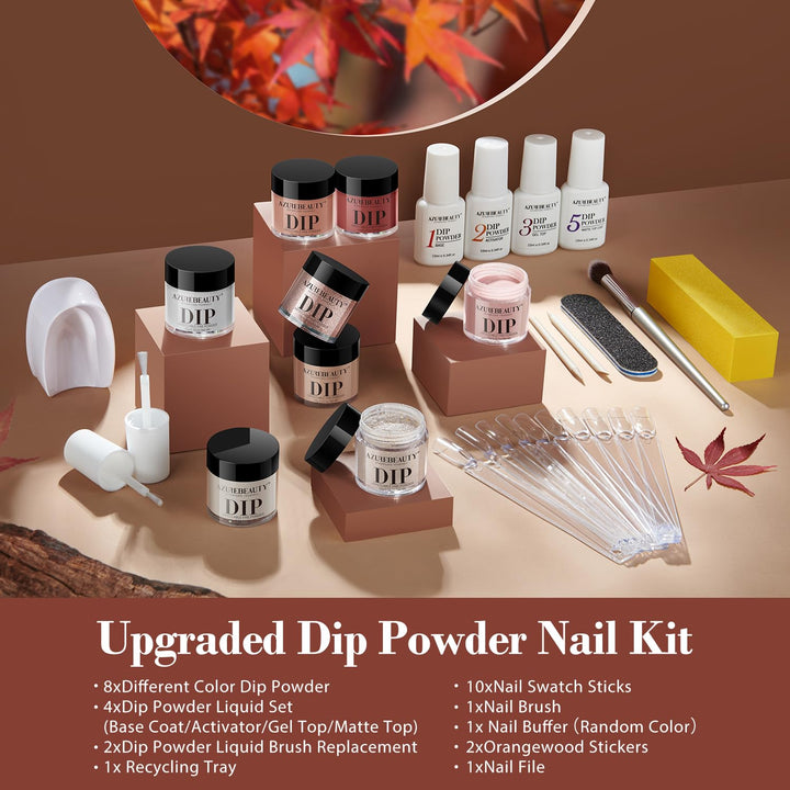 30Pcs Dip Powder Nail Kit Starter with Nail Sticks, 8 Colors Fall Winter Nude Brown Glitter, Dipping Powder Liquid Set with Matte/Base/Top Coat Activator for French Manicure Salon