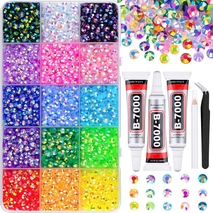 18000Pcs Resin Jelly Rhinestones for Bedazzling, Multicolor 3Mm Flatback Rainbow Gems, Bedazzler Kit with 3Pcs 10Ml B7000 Jewelry Glue for Crafts Crafting Book Shoes Nail Art