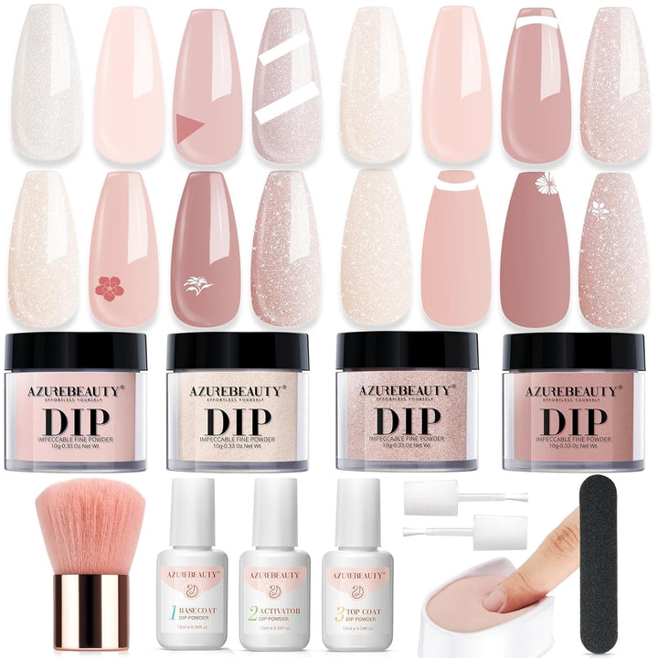 Dip Powder Nail Kit Starter, All Season Nude Skin Glitter 4 Colors Dipping Powder Liquid Set Recycling Tray with Base & Top Coat Activator for French Nail Art Manicure Salon DIY at Home.