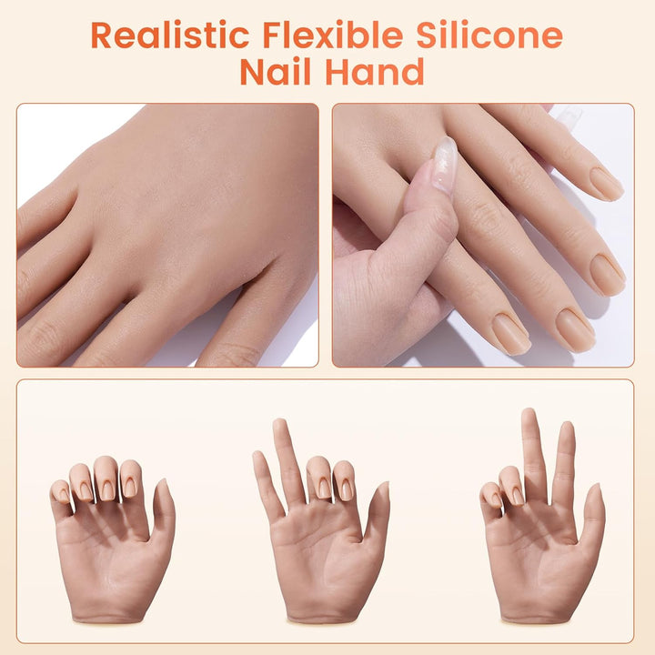 Practice Hand for Acrylic Nails: Realistic Silicone Nail Hand Practice with Tattoo Stickers - Flexible Fake Hand Mannequin Nail Hand Kit for Beginners