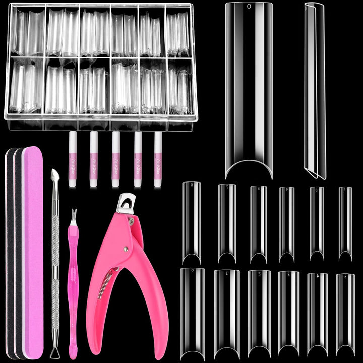 Clear Acrylic Nail Tips, 500 Pcs French Nail Tips Square Half Cover with Glue, Clipper, Files and Cuticle Fork for Salons and Home DIY