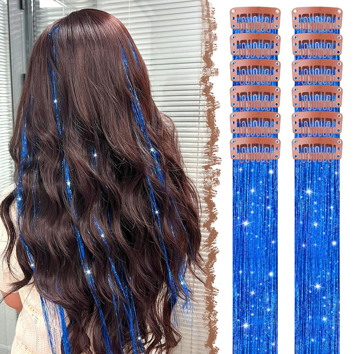 Colored Clip in Hair Extensions - 10 PCS Skyblue Light Blue Highlighted Hair Piece Straight Synthetic Clip in Hairpieces for Women 22 Inch
