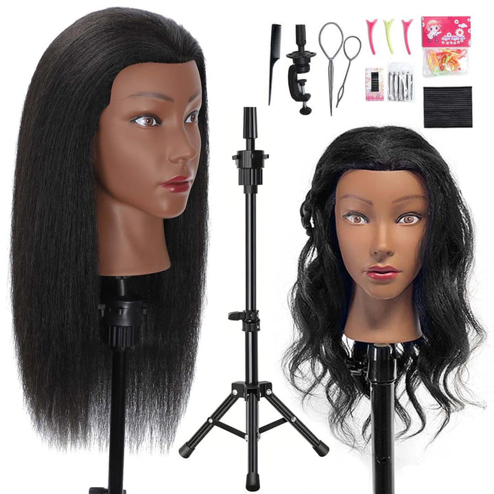 18"  Mannequin Head Human Hair with Tripod Set, 100% Real Hair Cosmetology Manikin Doll Head for Hairdresser Practice Braiding with Tripod Set and Tools