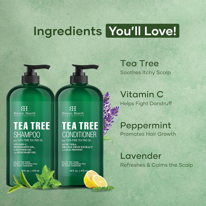 Tea Tree Shampoo and Conditioner Set | with 100% Pure Tea Tree Oil, for Itchy and Dry Scalp, Sulfate/Paraben Free | for Men and Women | 16 Fl Oz Each