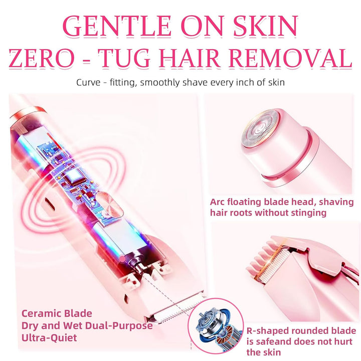 Bikini Trimmer for Women, 2 in 1 Electric Razors for Women, Dermave Bikini Shaver, IPX7 Waterproof & Easy Cleaning, Ceramic Blade, 120 Min Cordless Runtime, Ultra Low Silent (Pink).