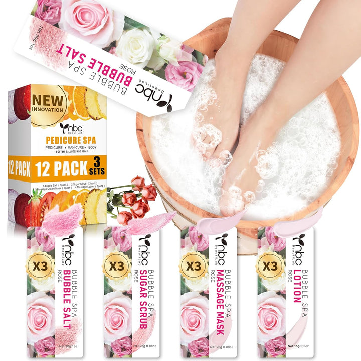 Pedicure Kit Foot Soak Set: Bubble Salt, Sugar Scrub, Massage Mask, Massage Lotion in a Box, 4 Step Foot Spa Kit for Dry Feet,Tired Feet（1 Set Lavender)