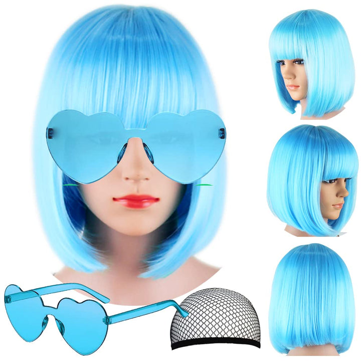 Short Bob Hair Wigs Straight with Flat Bangs Synthetic Colorful Cosplay Daily Party Neon Wig for Women + Free Wig Cap 14" Natural as Real