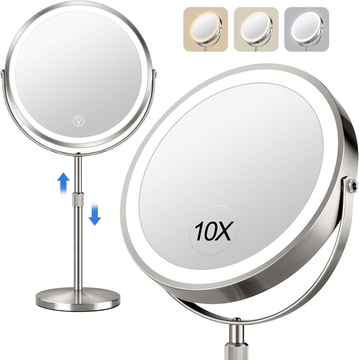 Lighted Makeup Mirror, Rechargeable Height Adjustable Double Sided, 1X/10X Magnifying with 3 Color, Brightness Adjustable, 360° Rotation Vanity, Gift for Women