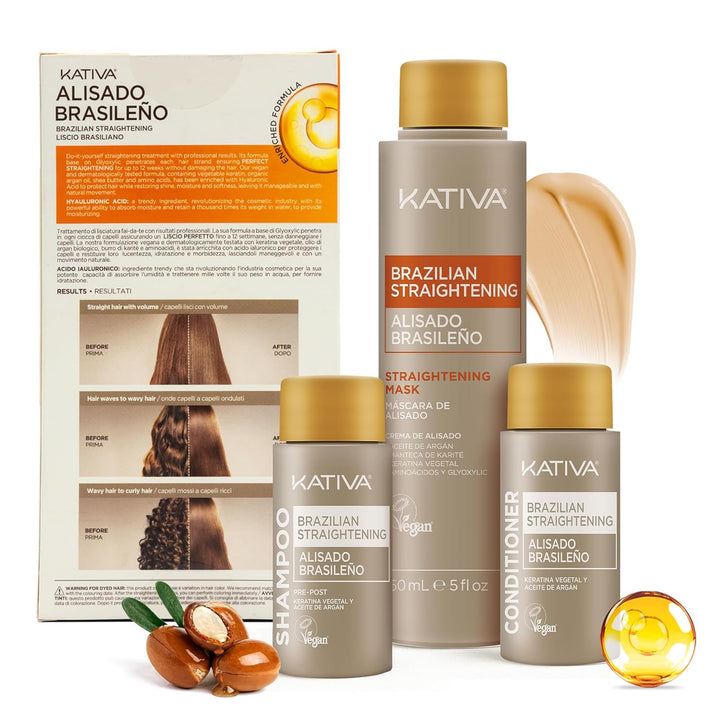 Brazilian Straightening Kit, 12 Weeks of Home Use Professional Straightening, with Organic Argan Oil, Shea Butter, Keratin & Amino Acids, for Straighter, Softer and Shinier Hair, All Hair Types