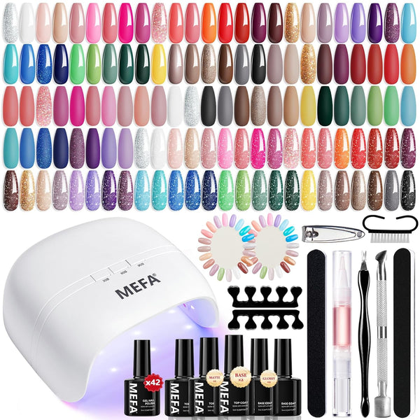 42 Colors Gel Nail Polish Kit with U V Light, 59 Pcs All Seasons Collection Colorful Gel Polish Essential Set with 5 Psc Matte/Glossy Base Top Coat, Salon Gifts for Women