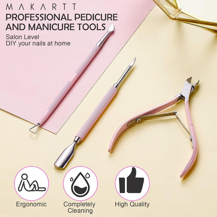 Cuticle Trimmer with Cuticle Pusher, 3 PCS Pink Nail Cuticle Nipper Professional Pedicure Manicure Tools with Stainless Steel Dual End Pusher, Nail Scraper