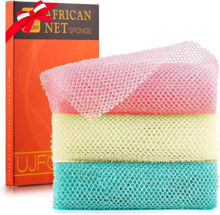 3 Pieces African Bath Sponge African Net Long Net Bath Sponge Exfoliating Shower Body Scrubber Back Scrubber Skin Smoother,Great for Daily Use (Pink,Yellow,Purple)